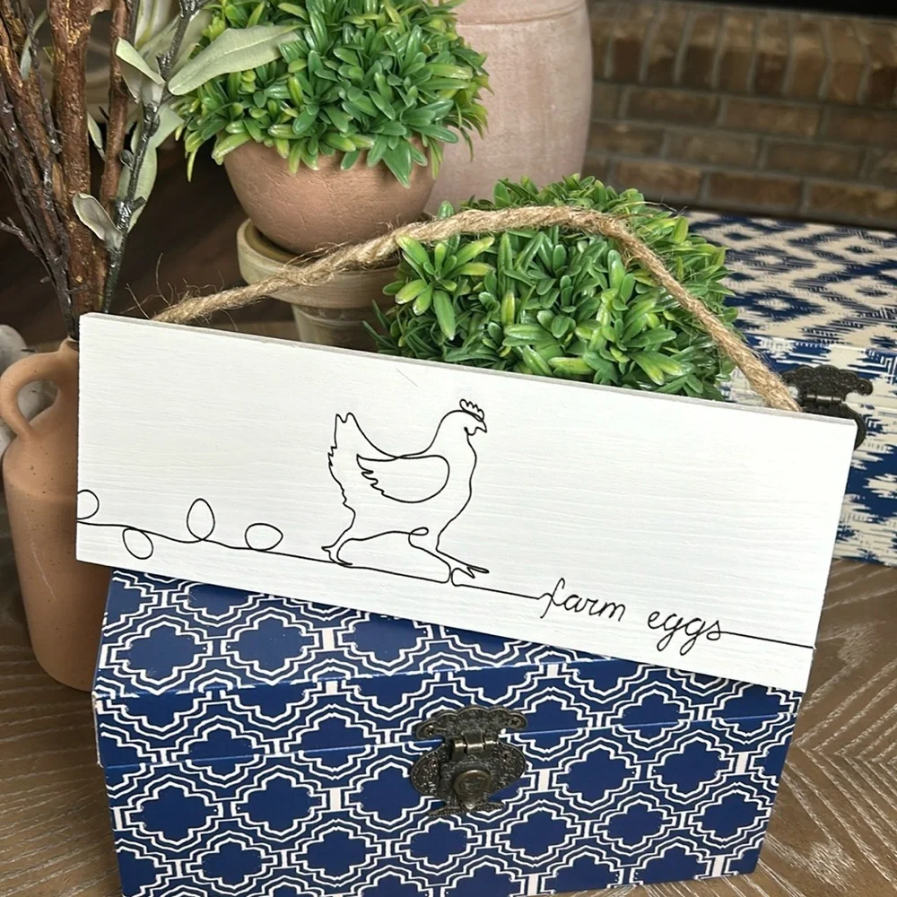 NEW! Modern Farmhouse Black & White Rooster Chicken Farm Eggs Wood & Jute Sign
